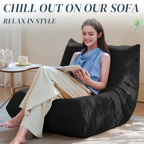 Bean Bag Chair for Adults - Suede & Microfiber Fireside Floor Chair, Comfortable Corner Lounge Sofa for Living Room, Bedroom, Office (3-Seater, Beige)