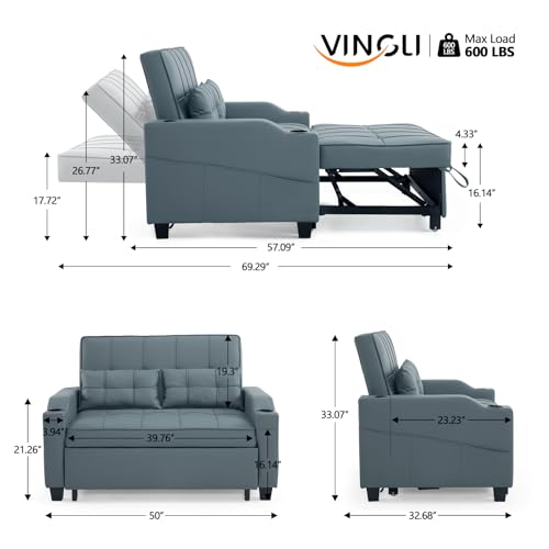 VINGLI Light Green Futon Sofa Bed Convertible Loveseat Sleeper Couch, Faux Leather Pullout Sofa Fold Out Couch Bed with USB Ports, Cup Holders