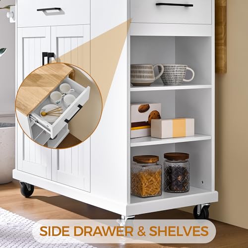 Yaheetech Rolling Kitchen Island Cart with Drop Leaf, Portable Rubberwood Breakfast Bar with Storage Cabinet, Open Shelves & Detachable Towel
