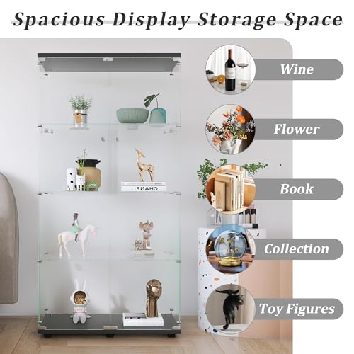 Homtique Glass Display Cabinet, 4 Shelves Curio Cabinet Display Case with Double Door and Lock, Black Floor Standing Bookshelf for Living Room