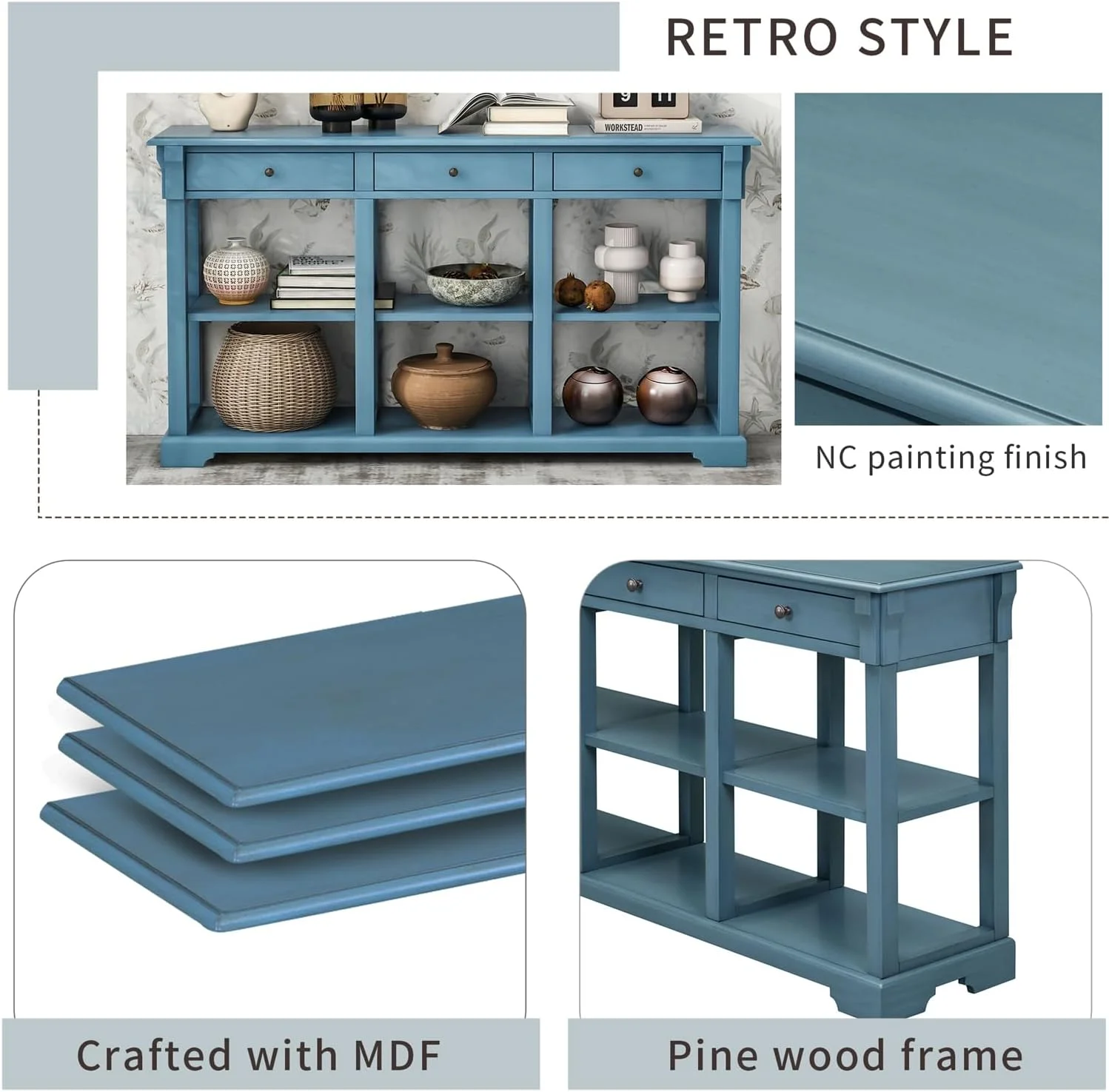 Console Table Sofa Table With 3 Drawers And Storage Shelf, Wooden Sideboard Side Table For Living Room Bedroom, Teal Blue