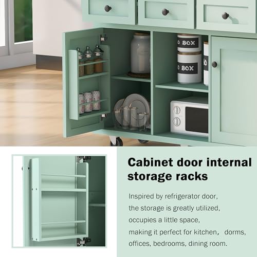 55.7'' Large Kitchen Island with 2 Drop Leaf, Rolling Kitchen Cart on 5 Wheels with Power Outlet