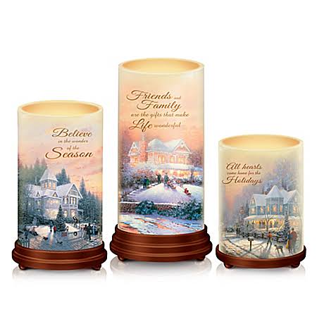 Thomas Kinkade PILLARS of Light Waxed Flameless Candle Set