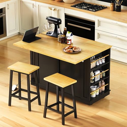 Kitchen Island with Drop Leaf & Power Outlet, Rolling Kitchen Islands Cart with 5 Open Storage Shelves & Towel Rack