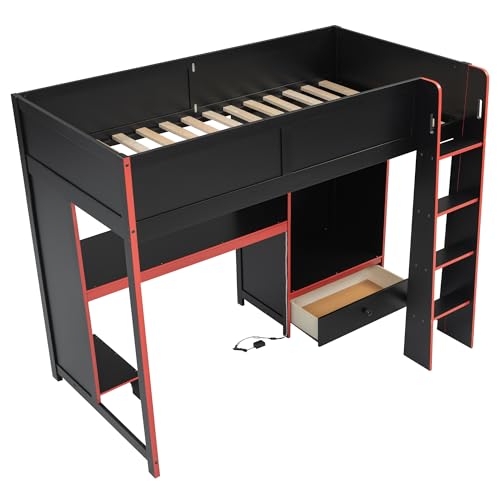 Modern Full Size Gaming Loft Bed with Built-in Desk and Storage Wardrobe, Wood Loft Bed Frame with Light Strip and 2 Drawers