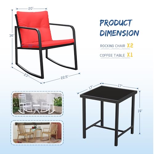 Greesum 3 Pieces Rocking Wicker Bistro Set, Patio Outdoor Furniture Conversation Sets with Porch Chairs and Glass Coffee Table, Beige
