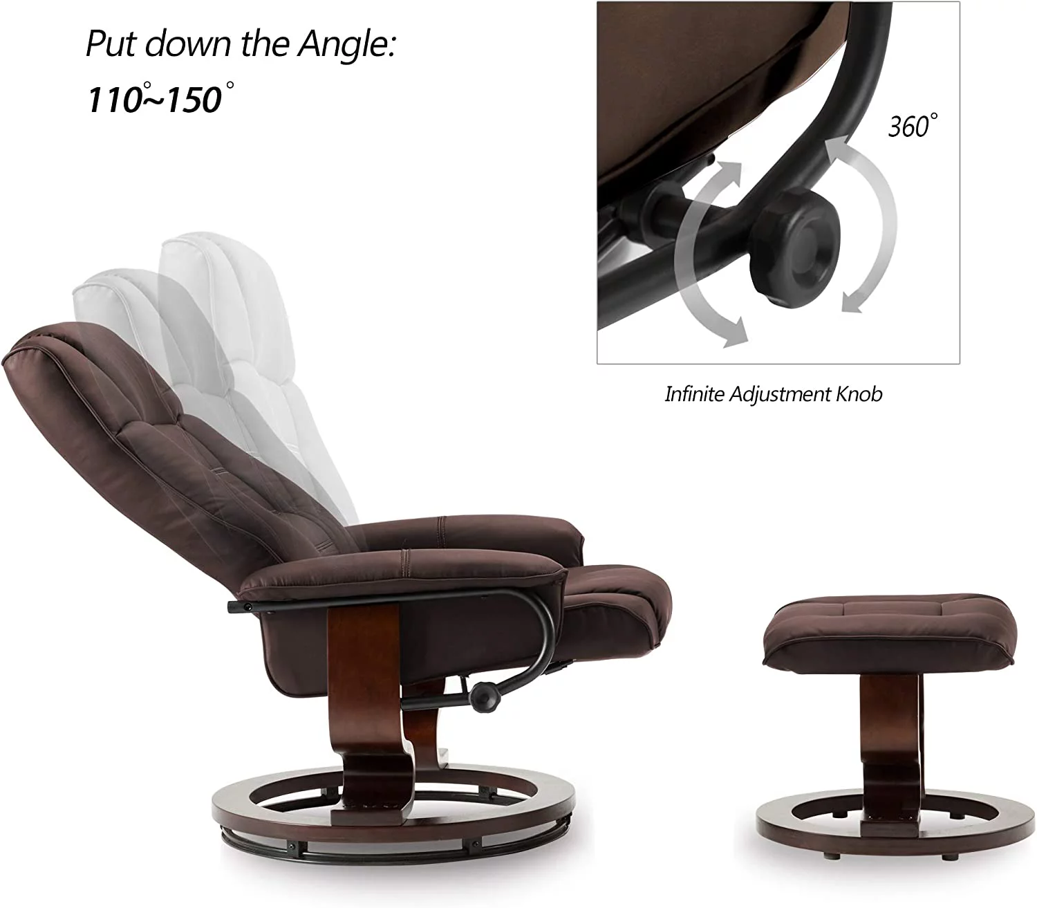 MCombo Swiveling Recliner Chair with Wrapped Wood Base and Matching Ottoman Footrest  Furniture Casual Chair  Faux Leather 9019 (Cream White)