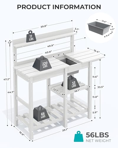 SERWALL Potting Bench Outdoor Potting Table with Sink, HDPE Potting Benches for Outside Gardening Table All Weather Use- Black