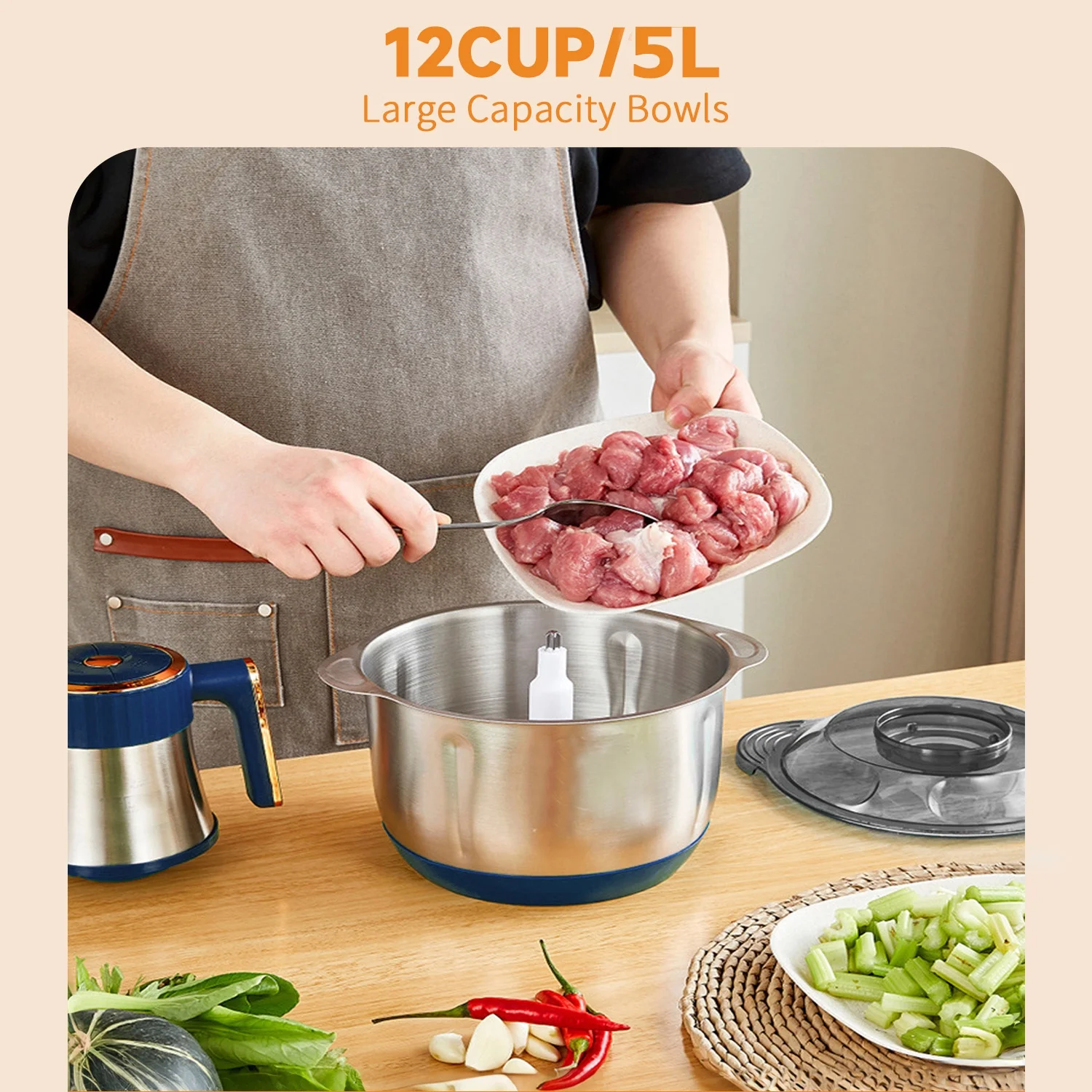 Food Processors with 2 Bowls, Meat Grinder, Food Chopper Electric, 2 Speed, 8Cup Glass and 8Cup 304 Stainless Steel, 2 Blades, Spatula Green Blue