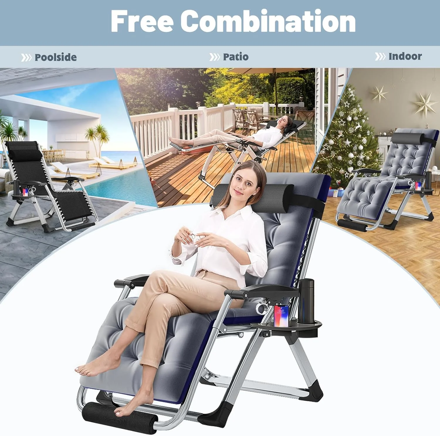 ABORON Oversized XXL Zero Gravity Chairs Set of 2, Folding Recliner Lounge Chair, Portable Chaise with Detachable Soft Cushion, Cup Holder, Headrest