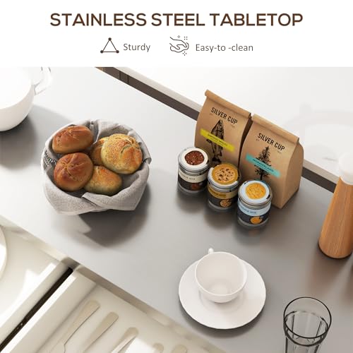 HOMCOM Rolling Kitchen Island Cart with Wheels, Portable Island Table for Kitchen with Stainless Steel Top, Adjustable Shelves, 2 Drawers, Spice