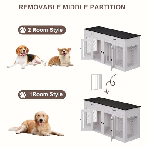 71 Inch Dog Crate Furniture for 2 Dogs, XXL Double Cage with Removable Divider & Large Doors, Heavy Duty Wooden Dog Kennel, Indoor Pet House (Black