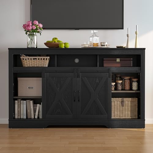 Farmhouse TV Stand for 65+ Inch TV, 34'' Tall Entertainment Center with Sliding Barn Doors
