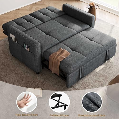 YITAHOME 55" Convertible Sofa Bed, 3-in-1 Sleeper Sofa with Iron Frame Pull-Out Bed, Linen Futon Couch with Reclining Backrest and Side Pocket