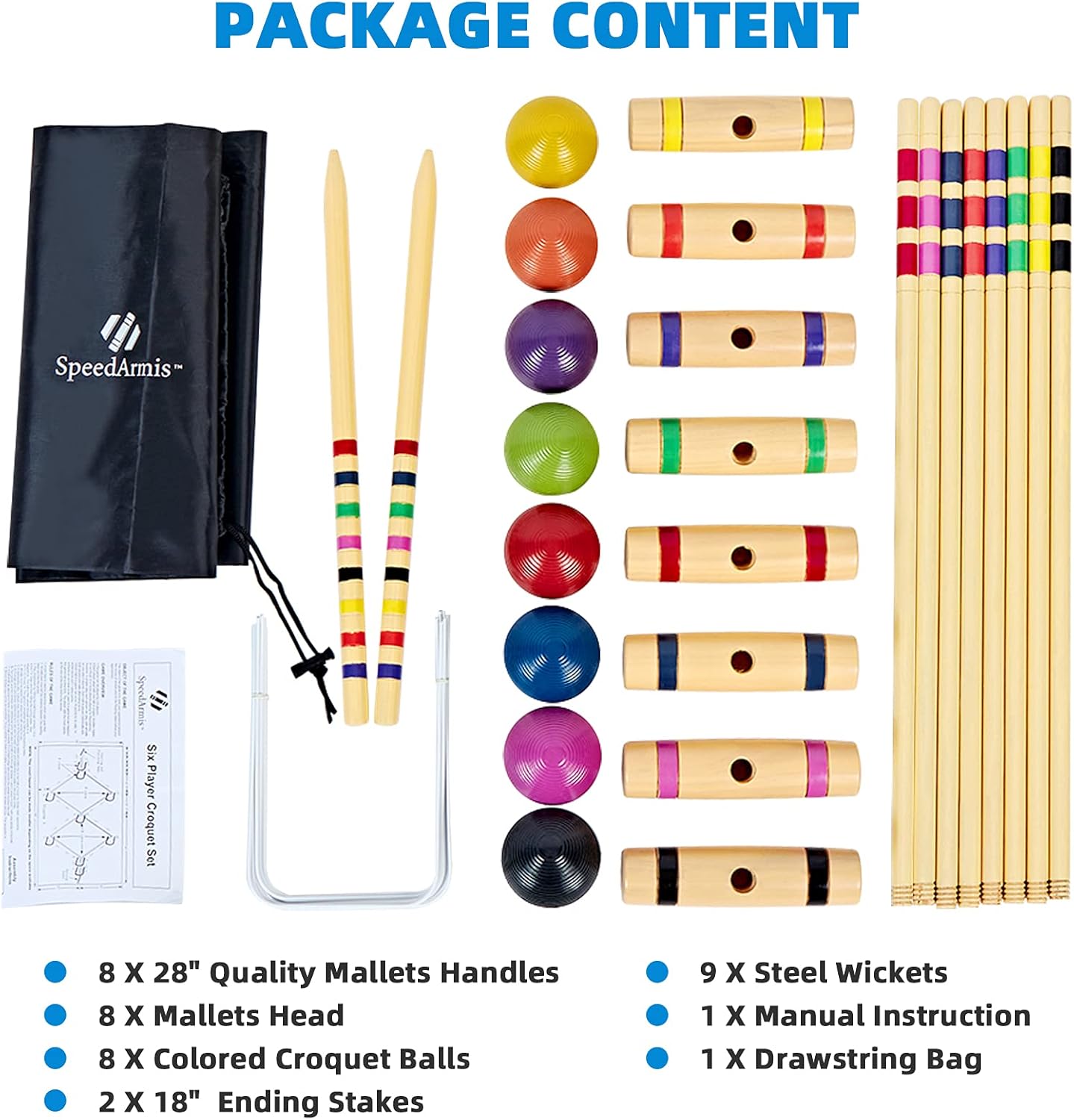 SpeedArmis 8 Players Croquet Set with 28In Pine Wooden Mallets, Colored PE Ball, Wickets, End Stakes
