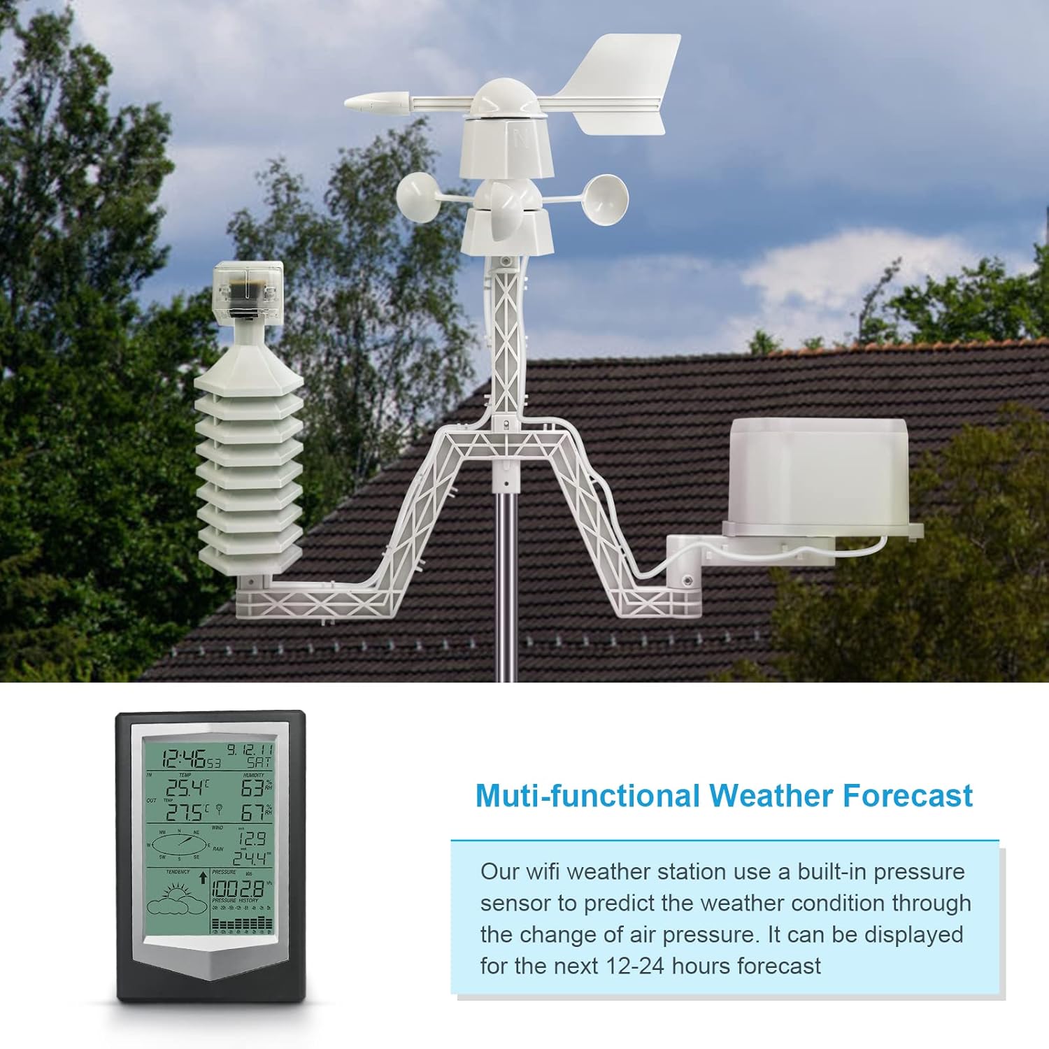 Metoluar Wireless Weather Station with LCD Display, Meteorological Instrument, Weather Forecast Station with Outdoor Sensor