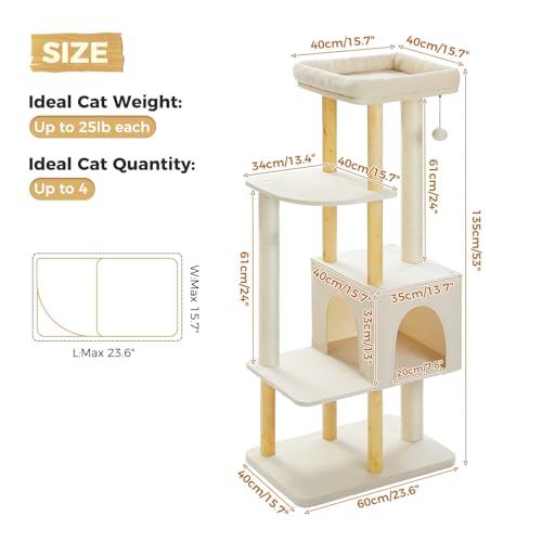 PAWZ Road Large Cat Tree, 73 Inches Tall Wooden Cat Tower with 2 Spacious Hammocks,2 Big Top Beds,8 Fully Scratching Posts and Natural Wood Posts