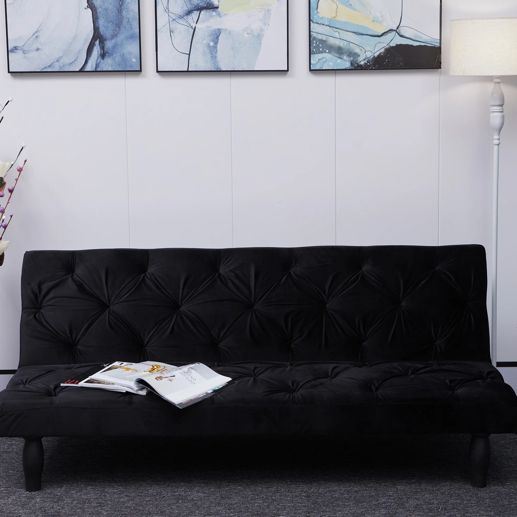 Pouseayar Futon Sofa Bed, 66" Sleeper Sofa, Loveseat, Velvet Couches for Living Room, Bedroom, Black