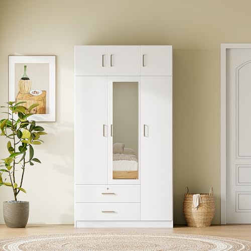 Wardrobe Closet, Wardrobe Closet with Doors, 1 Drawer and Top Cabinet, Modern and Simple Design, Lockable Drawer, Spacious Storage Space