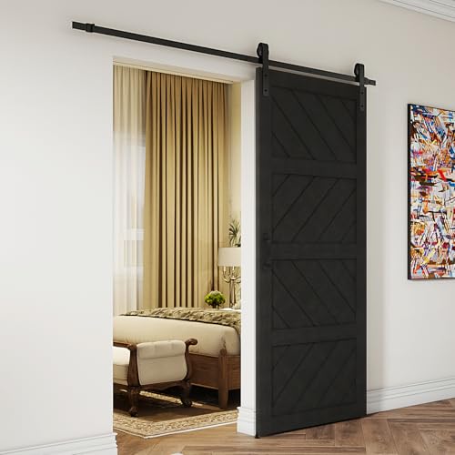 Sliding Barn Door 30”x84”, Black Barn Doors with Modern Paneled Wave Design, Complete Barn Door Set, Waterproof PVC Surface