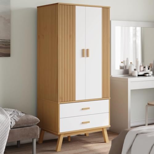 Wood Wardrobe Closet, Bedroom Armoire Closet, Solid Wood Wardrobe Armoire Closet Storage Cabinet with 2 Drawers and 1 Large Compartment