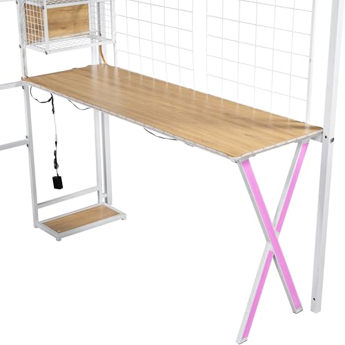 Modern Full Size Gaming Loft Bed with Built-in Desk and Storage Wardrobe, Wood Loft Bed Frame with Light Strip and 2 Drawers