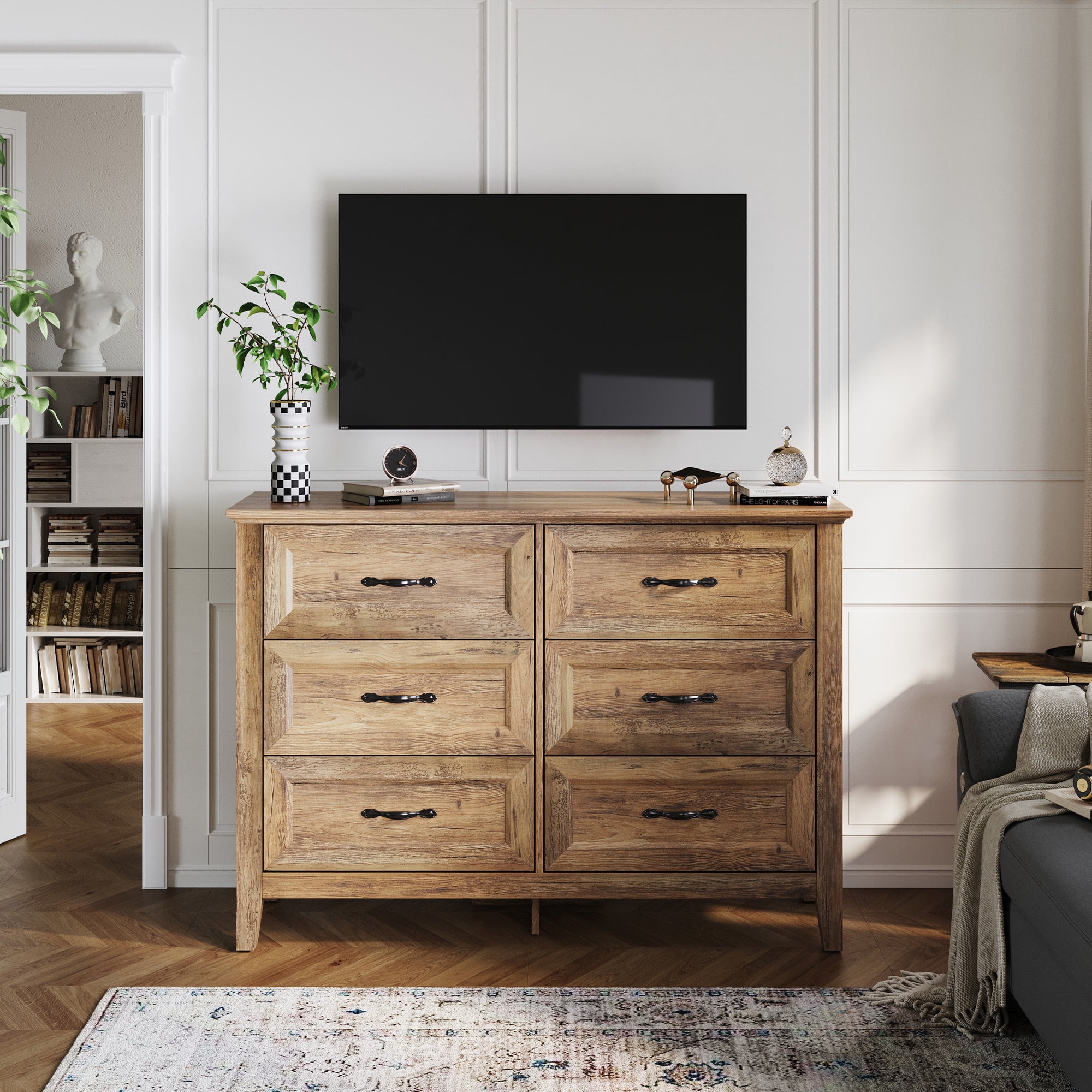Linsy Home Dresser for Bedroom, 6 Drawer Storage Organizer Tall Wide Double Dressers for Living Room Bedroom Hallway Rustic Oak
