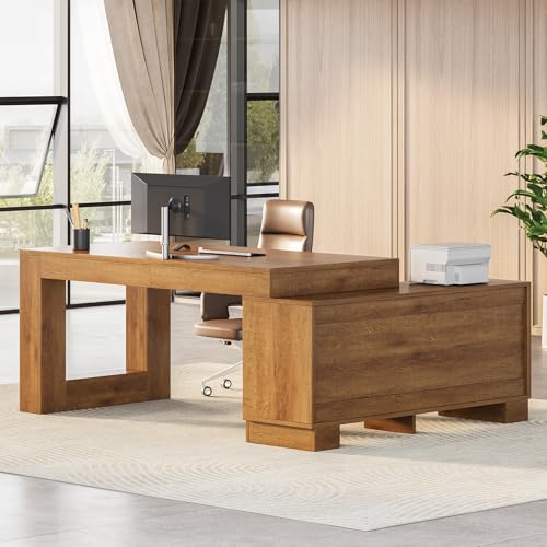 LITTLE TREE 63" L Shaped Executive Desk with Storage, Farmhouse Home Office Desk with 2-Tier Cabinets and Shelves
