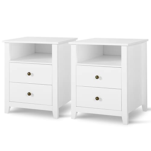 Vikiullf White Nightstands with Drawer - Set of 2 Modern Bedroom Night Stands, Wood Bedside Tables with 1 Storage Drawer and Open Shelf, 23.8”H
