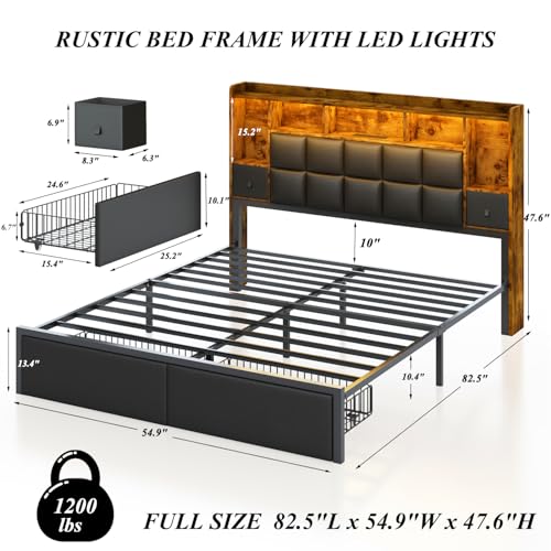 LED Bed Frame Full Size with Bookshelf Headboard, 2 Hidden Storage Drawers, Upholstered Platform Metal Bed Frame with Charging Station