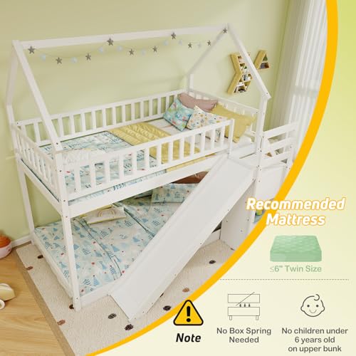 Giantex House Bunk Bed Twin Over Twin with Slide & Stairs, Wood Bunk Bed with Storage Shelves, No Box Spring Needed