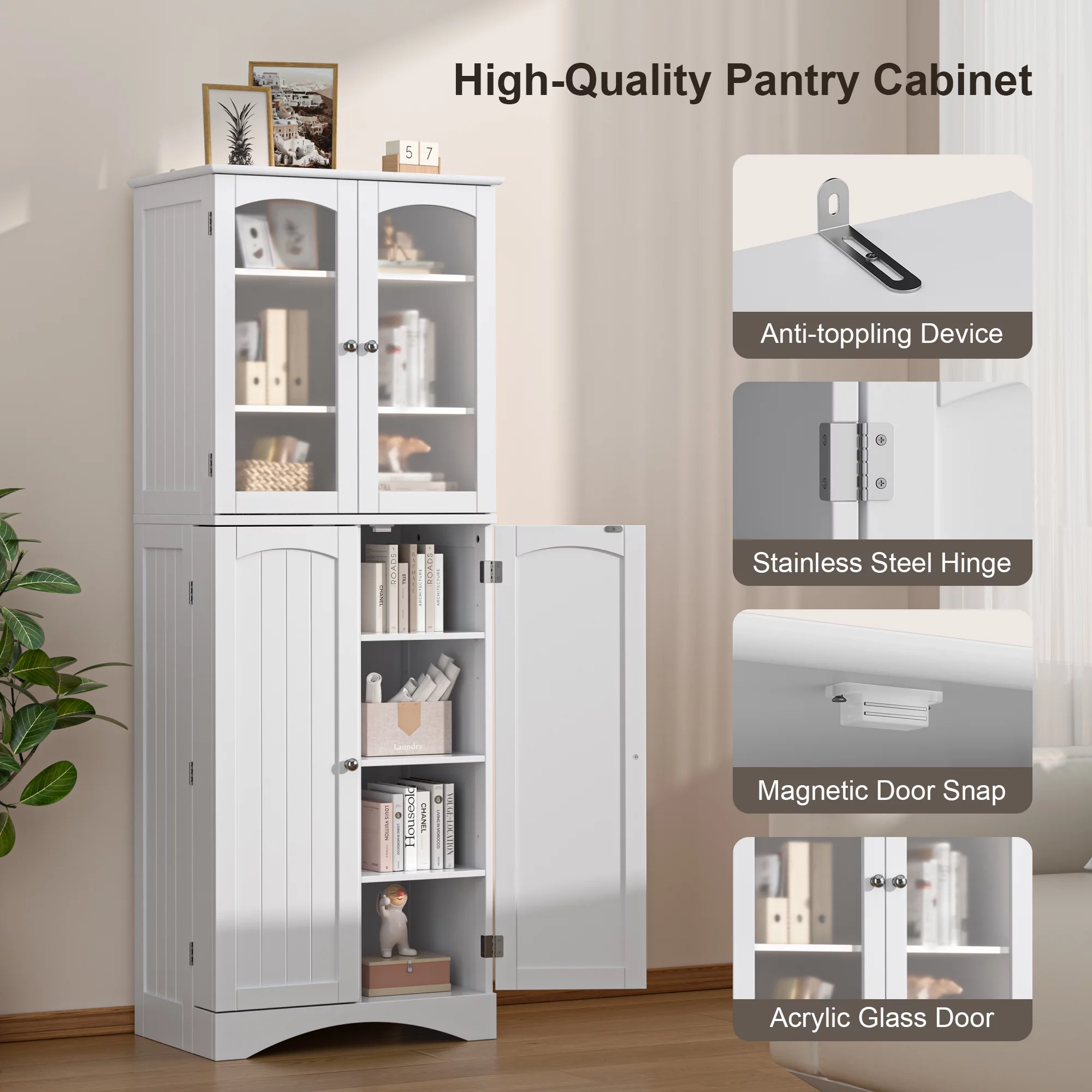Aiho 64" H Tall Kitchen Pantry Storage Cabinet with Glass Door, White