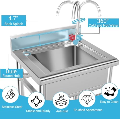 26 Inch Utility Sink, 304 Stainless Steel Sink Free Standing Sink with Cold and Hot Water Pull-out Faucet, Heavy Duty Laundry Sinks for Workshop