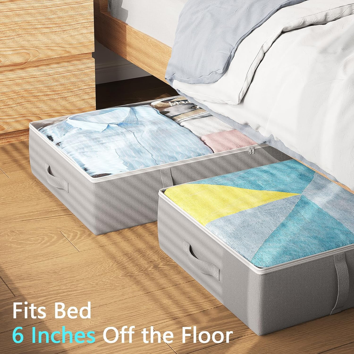 2-Pack Under Bed Storage Containers, 6 Inches Tall Underbed Clothes Storage Organizer Bin with Sturdy Sidewalls/Bottom