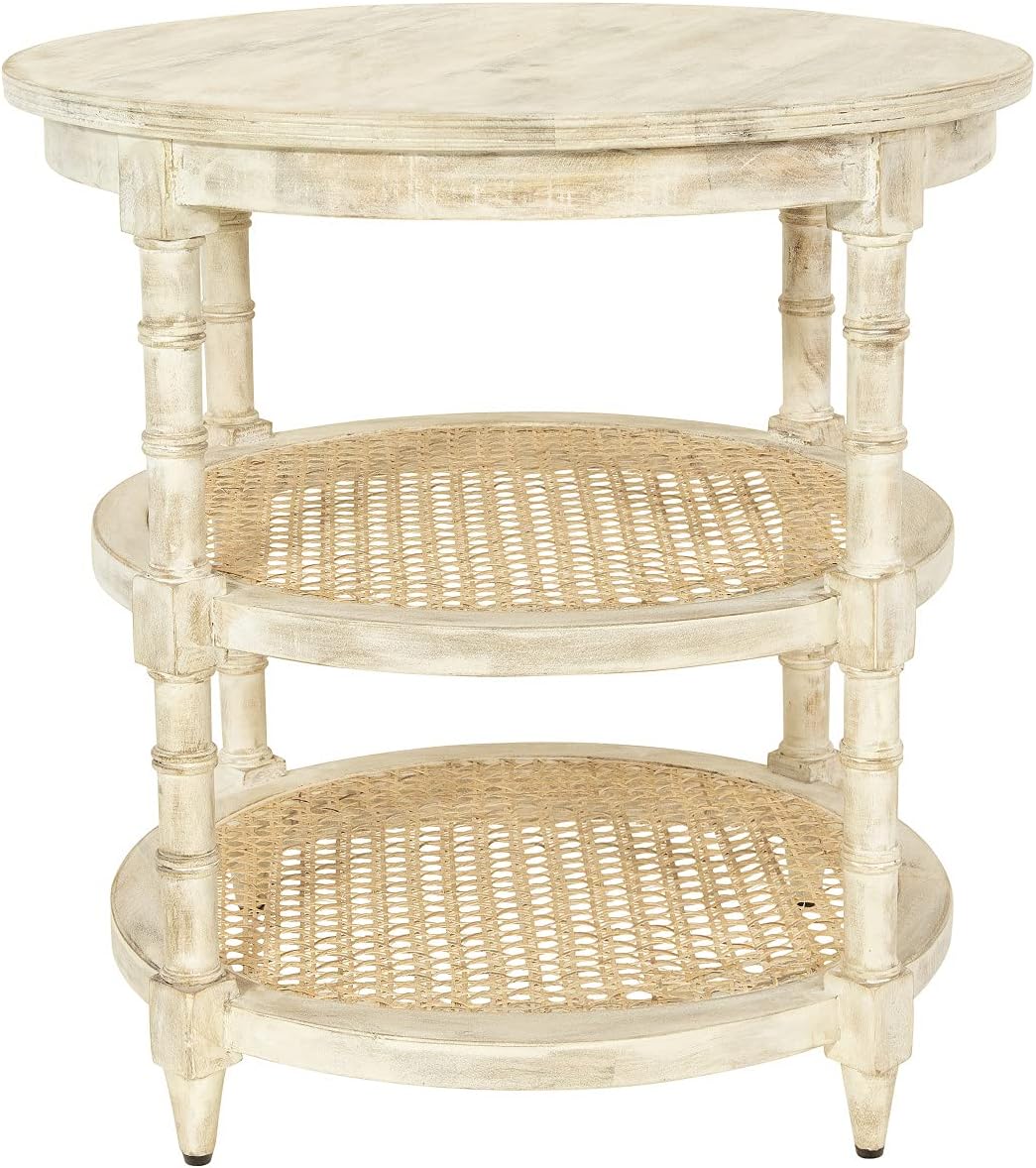Creative Co-Op Round Mango Wood Table with Two Cane Shelves, Brown