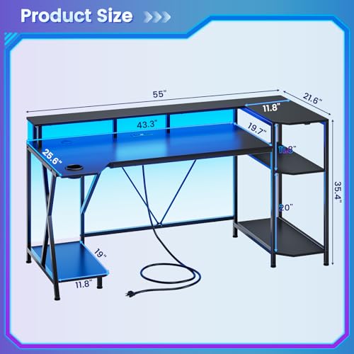 SEDETA Gaming Desk 70.8'' with LED Lights and Storage Shelves, Computer Desk with Monitor Stand, Power Outlets and Cup Holder, Large PC Gamer Desk