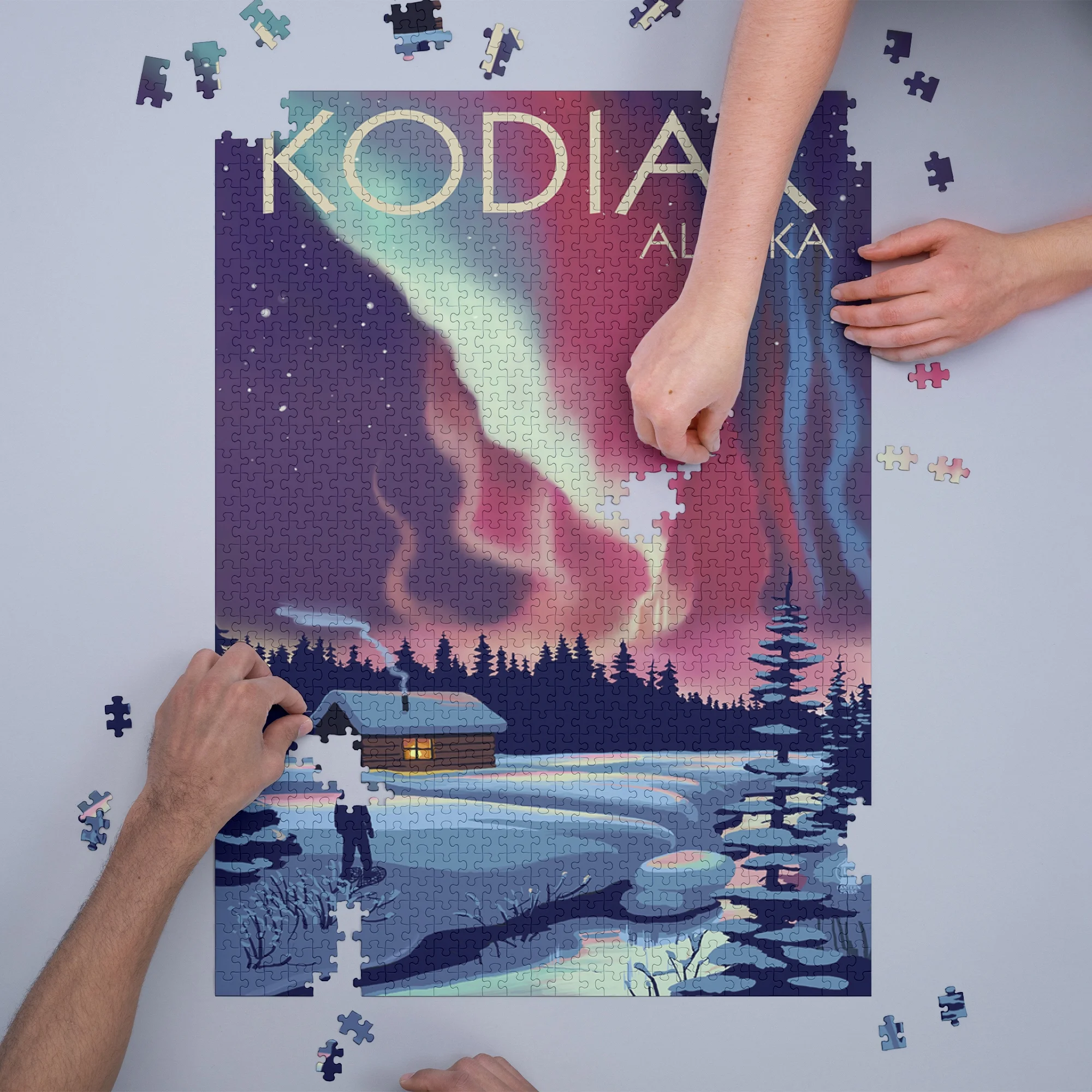 Kodiak, Alaska, Northern Lights and Cabin (1000 Piece Puzzle, Size 19x27, Challenging Jigsaw Puzzle for Adults and Family, Made in USA)