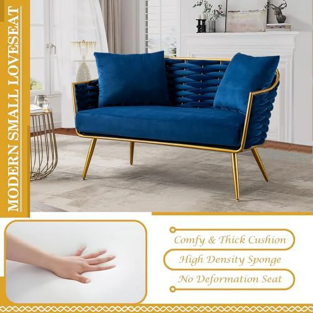 xrboomlife Velvet Accent Sofa Chair  Upholstered Loveseat with Stylish Woven Back  Small Comfy Couch with 2 Pillows  Modern Love Seat with Gold Frame