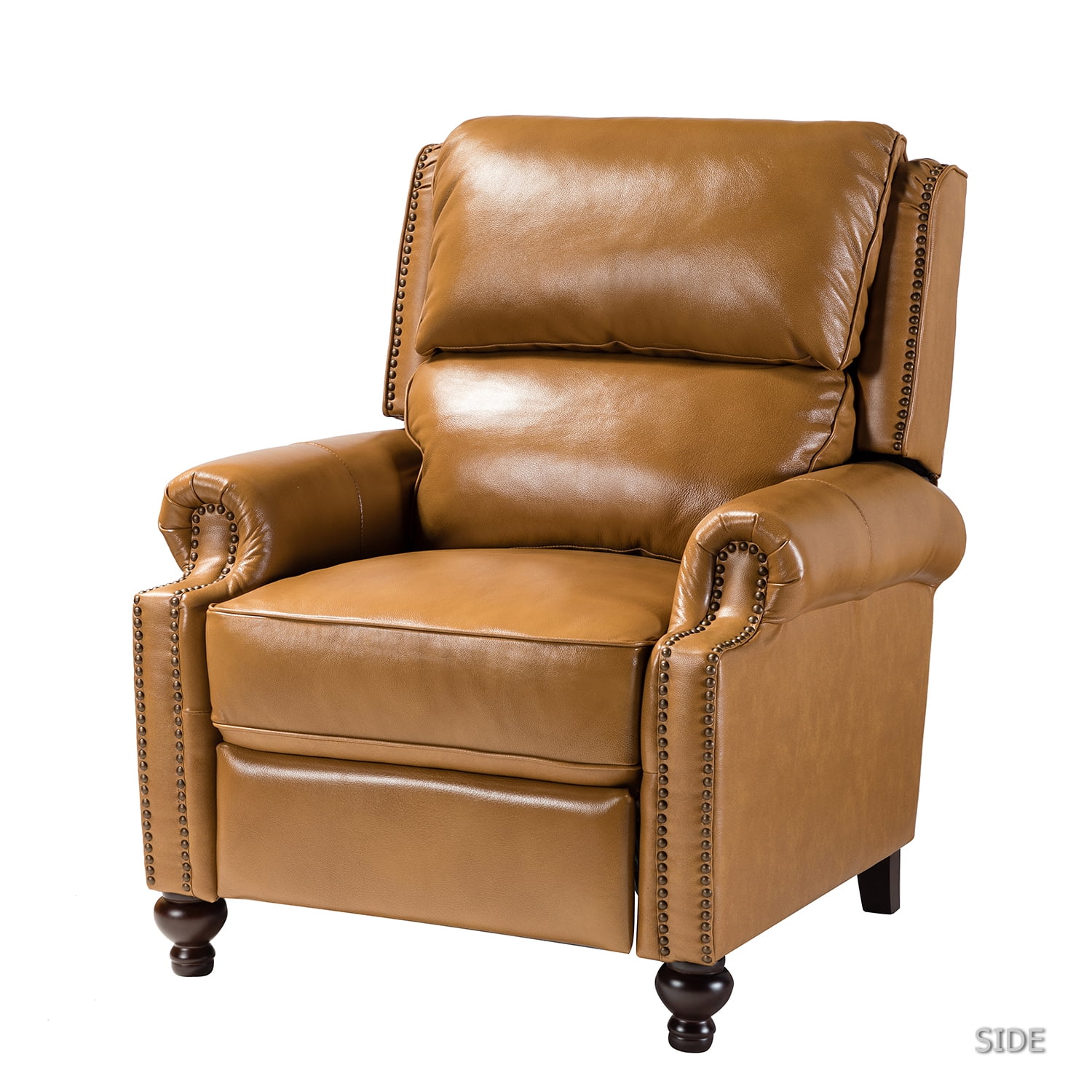 Genuine Leather Recliner Chair Mid-century Modern Wood Legs Nailhead Trim Armchair Living Room Office Camel - Radiant Selections