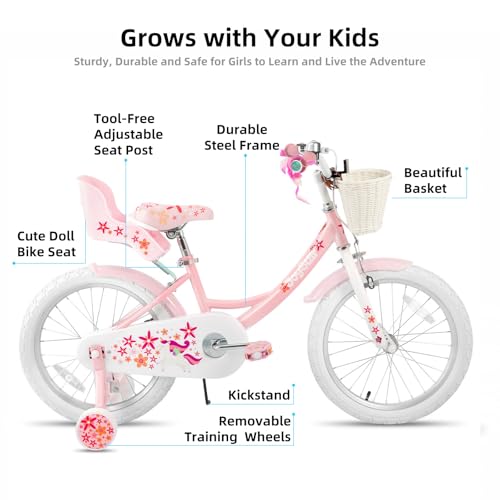 JOYSTAR Unicorn Kids Bike for Girls Ages 2-9 Years Old, 12 14 16 18 Inch Kids Bike with Training Wheels, Doll Seat, Streamers and Basket