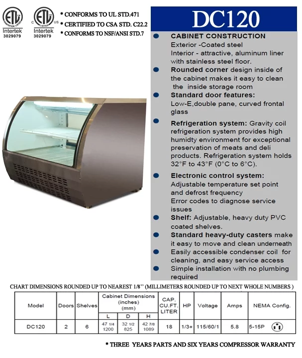 18 Cu Ft 48 ins Deli Case Meat/Seafood Display Showcase Commercial Refrigerator Cooler Case for Bakery Pastry Deli Curved Glass Restaurant display