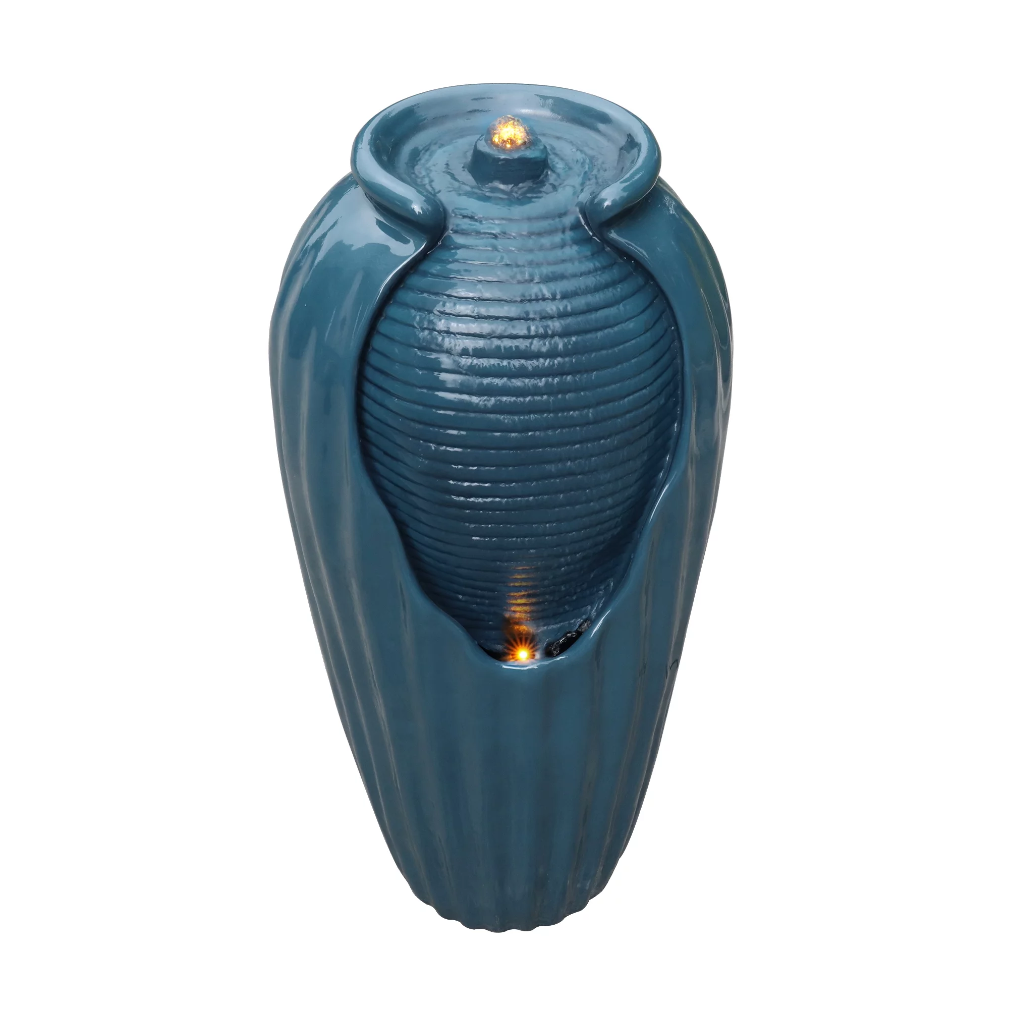 Teamson Home Indoor/Outdoor Glazed Contoured Vase Water Fountain for Backyard with LED Lights, Blue