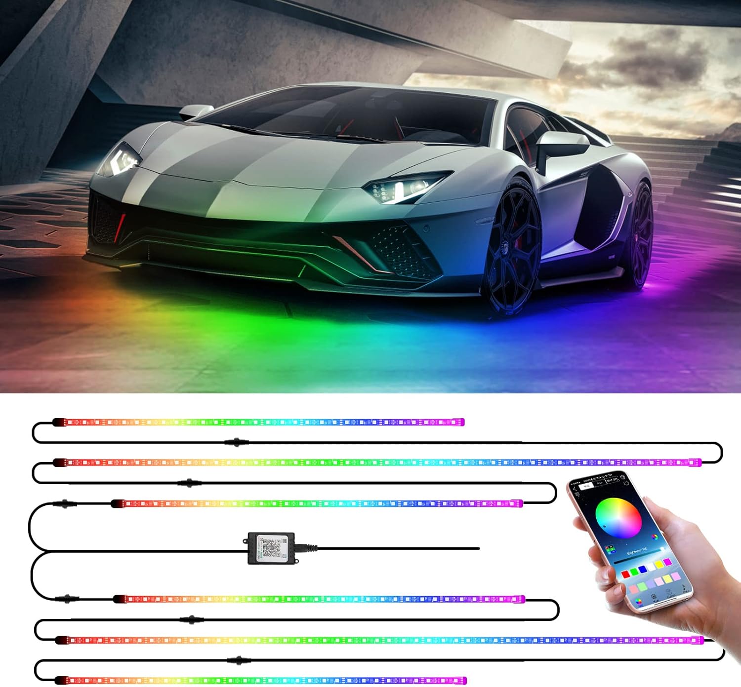 OPPBUY Car Underglow Lights,6PCS Dimmable RGB Underbody Exterior Car Strip Lights with APP Control,16 Million DIY Colors,210 Chasing Color,Music Mode