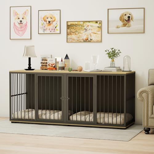 EBE Dog Crate Furniture, 71.6'' Metal Steel Frame Double Dog Kennel with 2 Rooms and Removable Divider