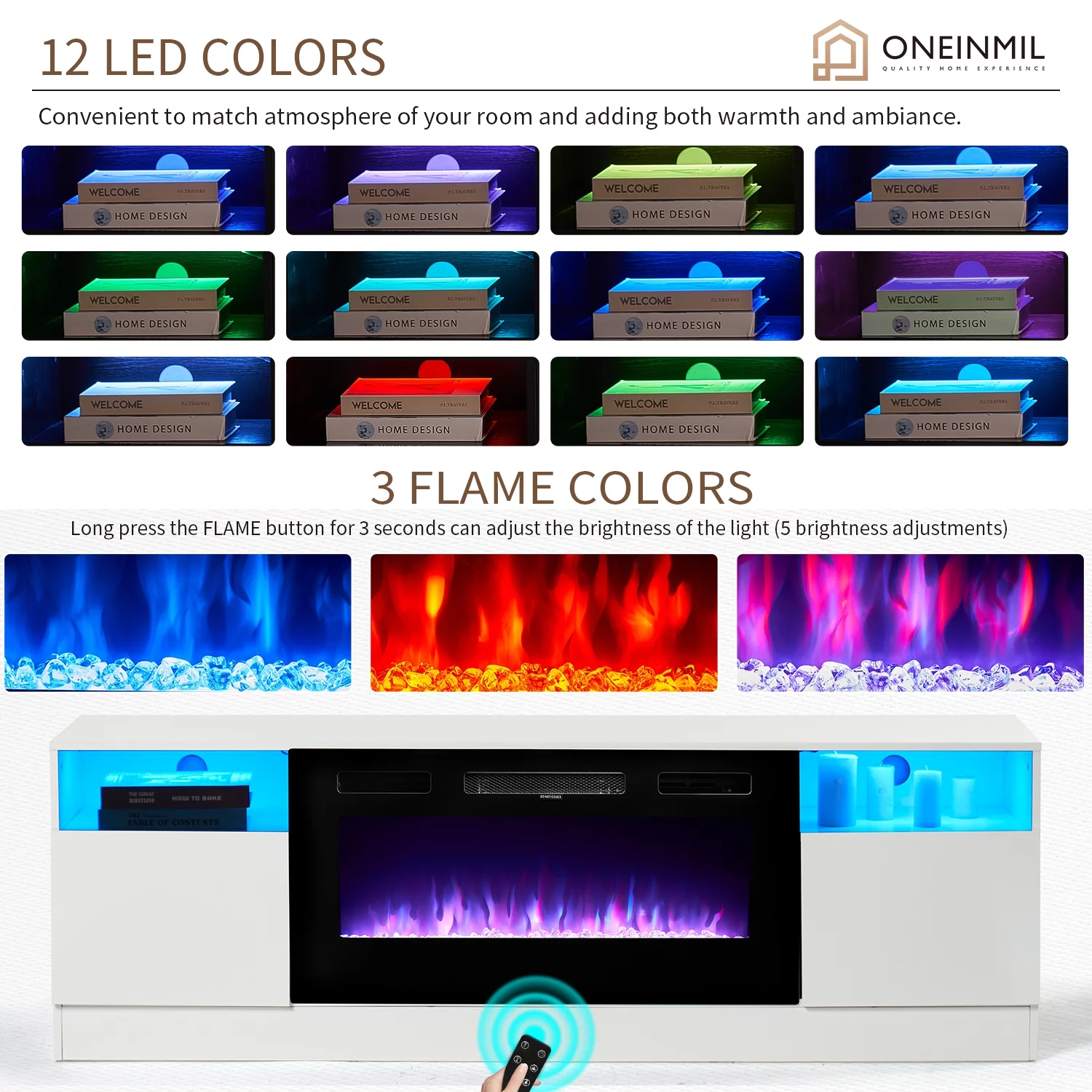 Oneinmil Fireplace TV Stand, Entertainment Center for TVs up to 80", 70” TV Stand with 36'' Electric Fireplace, LED Lights Entertainment Center