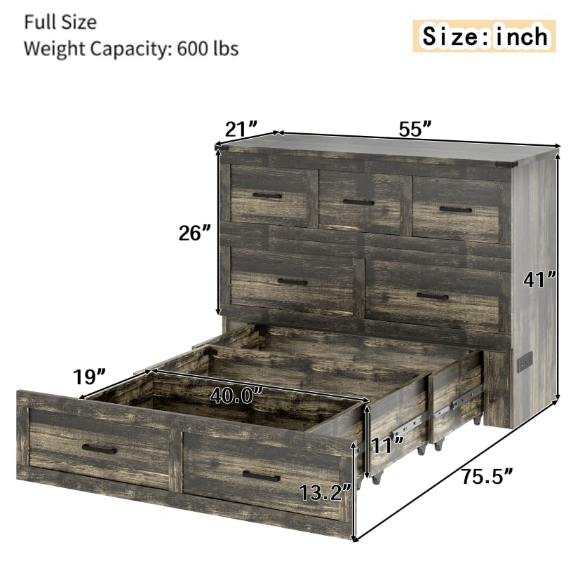 Bellemave Queen Murphy Bed, Cabinet Bed with Charging Station and Storage, Farmhouse Murphy Cabinet with Foldable Panel, Noisy Free