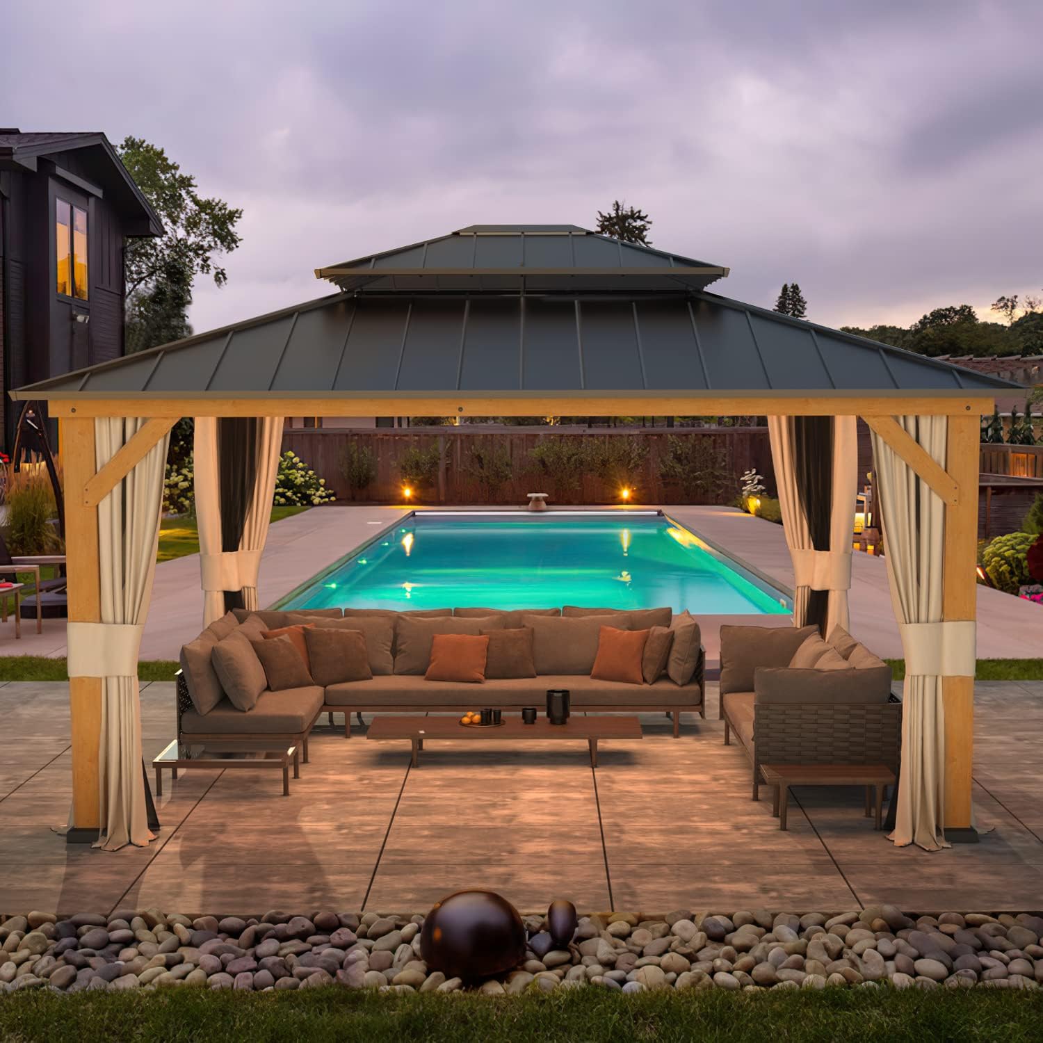 EROMMY 13'x15' Wood Gazebo, Outdoor Hardtop Gazebo Pavilion with Netting and Curtains