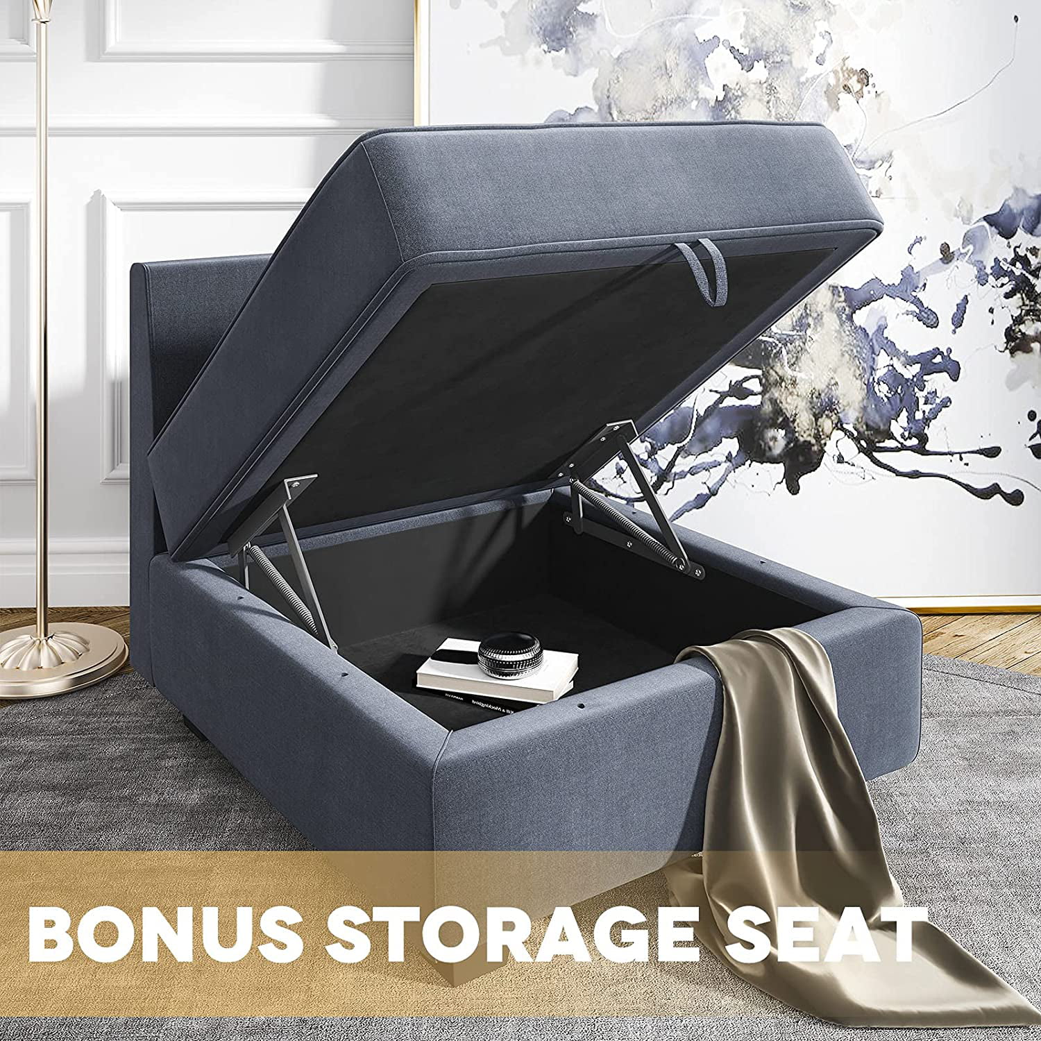 HONBAY Modern Sectional Sofa Upholstered 3-Seater Modular Couch, Bluish Gray