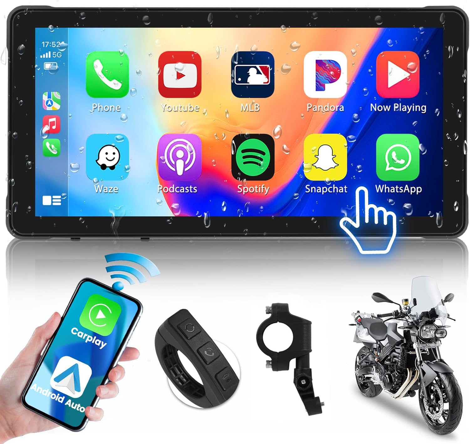 5.5'' Portable Apple Car Play Screen for Motorcycle, Wireless Apple CarPlay & Android Auto for Motorbike, Motorcycle Carplay GPS Navigation