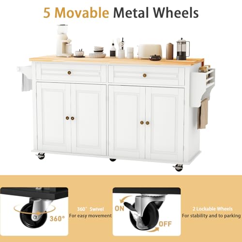 67’’ Movable Kitchen Island with Drop Leaf and Power Outlet, Lockable Sliding Countertop Rolling Island Cart with 2 Large Drawers, Spice, Towel Rack